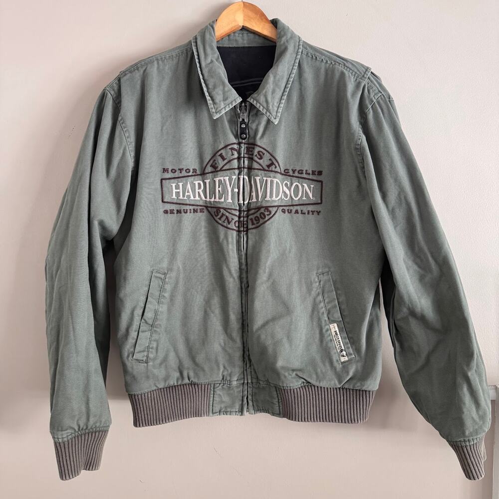 Harley Davidson Reversible Embroidered Canvas Bomber Jacket Black Size Medium - Picture 7 of 9